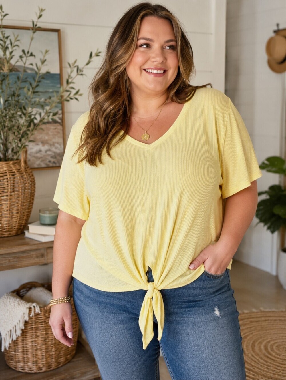 Natural Reflections Yellow Ribbed Tie Front Top Plus Size 1X Soft Stretch V Neck